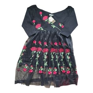 Roiii Off Shoulder Sheer Dress Womens Black & Roses 1950s Whimsgoth New